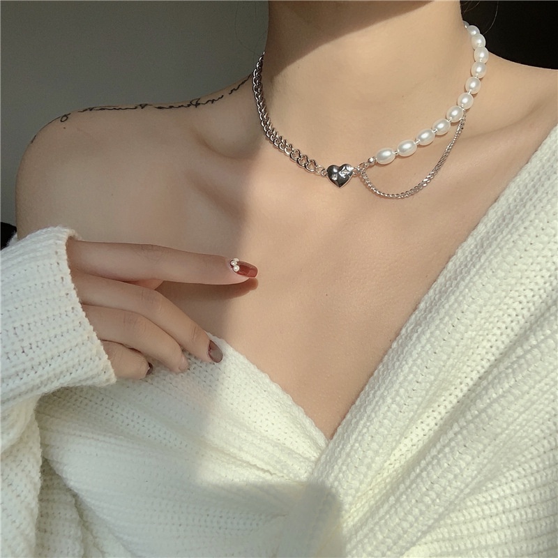 Vòng cổ/ Vòng đeo tay Ahellogirl mặt trái tim đính ngọc trai phong cách hip hop thời trang mùa hè cho nữ