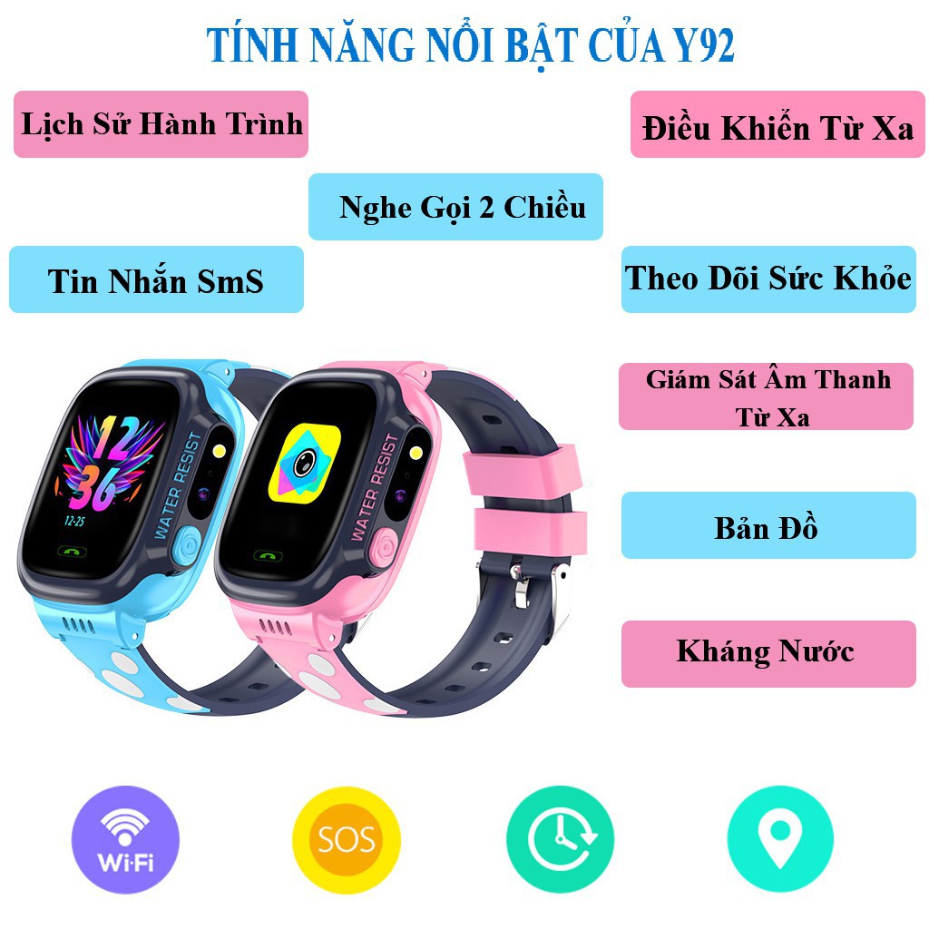 Đồng Hồ Thông Minh Y92 Trẻ Em Định Vị ✅Hỗ Trợ Tiếng Việt, Kháng Nước IP67 - Lắp Sim Nghe Gọi, Định Vị LPS, 4G/WIFI