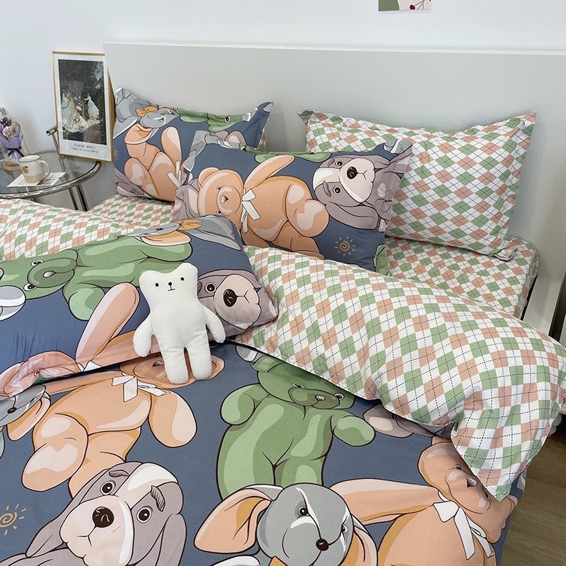 Bộ Chăn Ga Gối 🪴 combo 5 món cotton 3D moexu bedding kẻ sọc hoa nhí sang trọng mềm mịn đủ kích thước