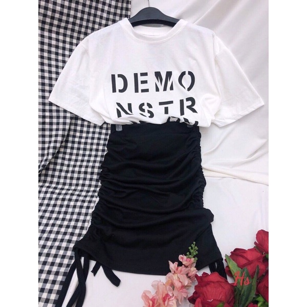Set áo thun ngắn tay demo + chân váy rúm rút hông