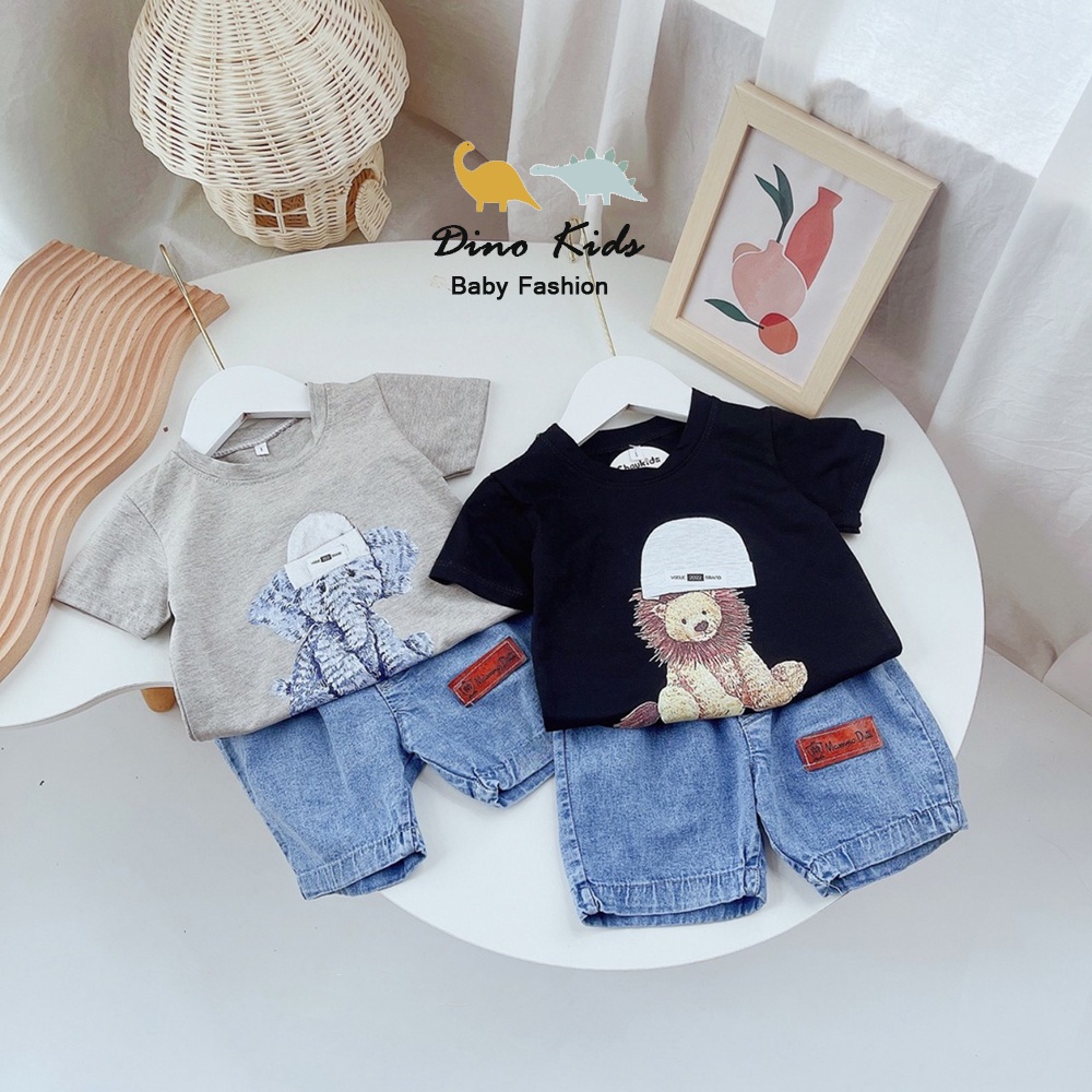 Bộ cộc tay bé trai, bé gái, bộ áo cotton ép hình voi- sư tử phối quần jean cho bé