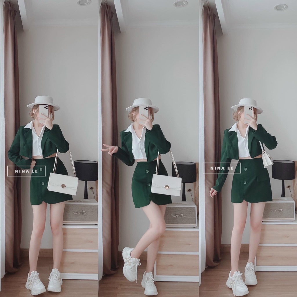 Sét 3 món nữ áo khoác vét tay dài, áo sơ mi croptop phối chân váy ngắn mini