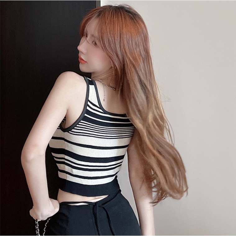 Porozi Áo croptop dệt kim họa tiết sọc ngang thời trang cho nữ