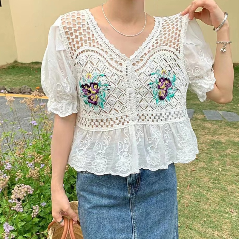 Áo Kiểu Tay Phồng Cổ Chữ V Thêu Họa Tiết Hoa Phong Cách Pháp Thời Trang Mùa Hè Cho Nữ