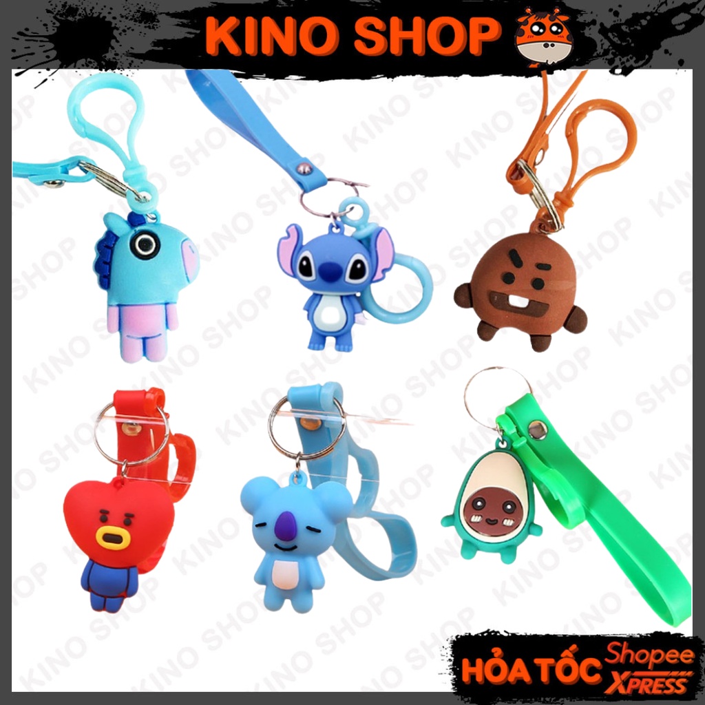 Móc khoá silicon 3D BT21 trái bơ gấu brown stitch doraemon mickey spiderman caption america xương rồng treo balo