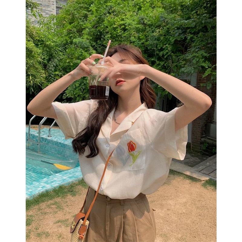 Áo Sơ Mi Tay Ngắn Dáng Rộng Cổ Chữ v In Hình Hoa tulip Kiểu Hồng Kông Thời Trang Mùa Hè Cho Nữ