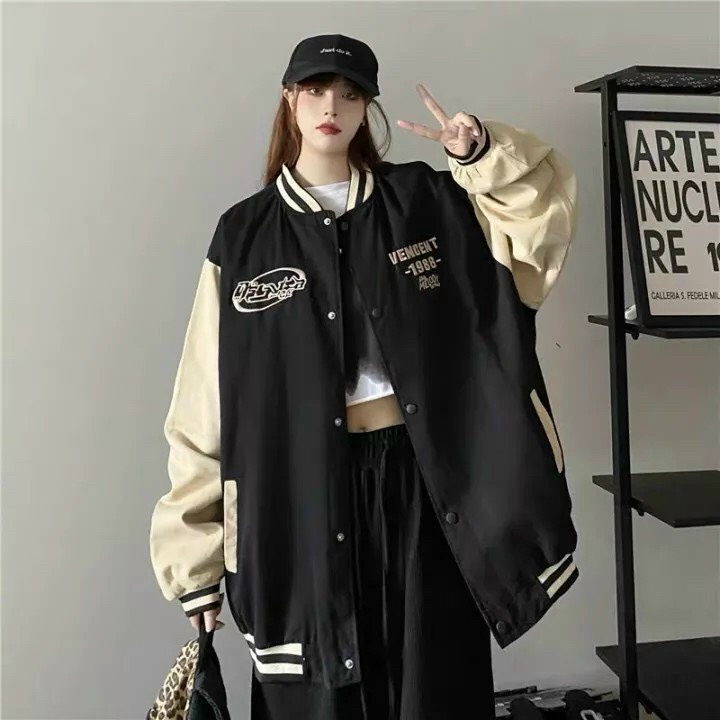 Áo Khoác Bomber Da Lộn 1986 2 Lớp Chữ Thêu Sắc Form Rộng Unisex