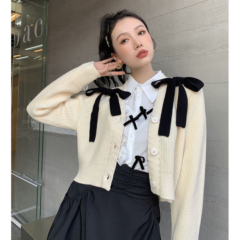 Áo khoác cardigan dệt kim cổ chữ V đính nơ phong cách mùa thu mới cho nữ