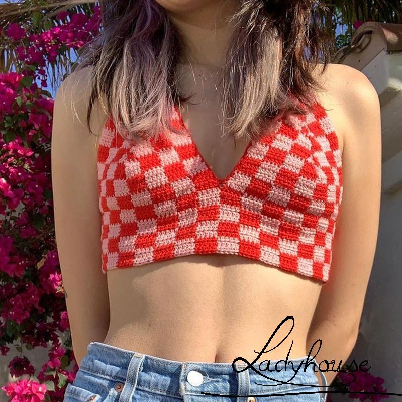 LD-Women´s Halter Crop Cami Tops, Sleeveless Self-Tie Backless Checkerboard Print Crochet Camisole