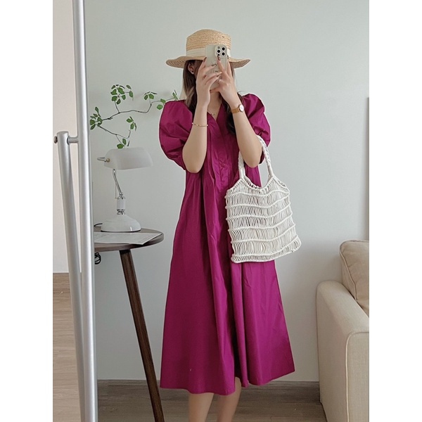 Đầm sơ mi nữ form rộng cổ V xếp ly ngực dọc 3 màu hot trend đi biển Kozoda D71