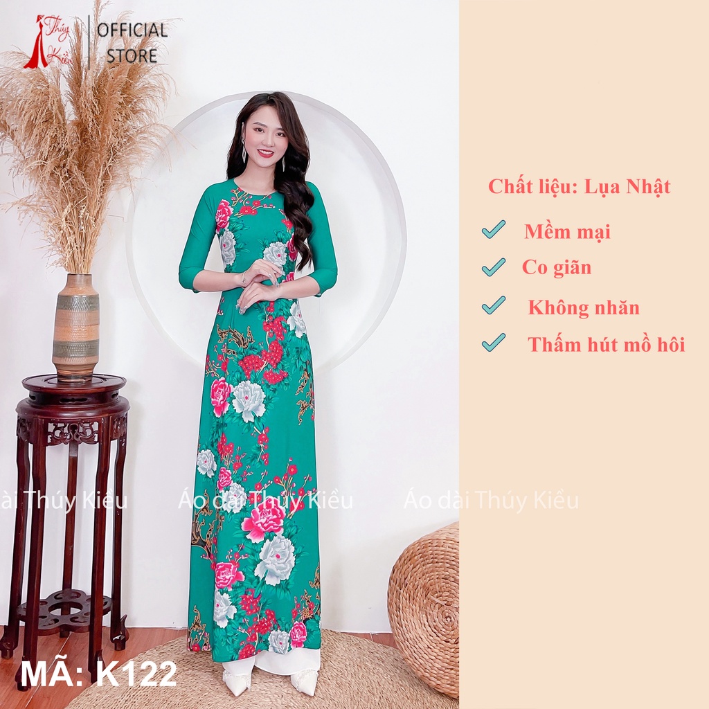 Áo dài lụa nhật 3D xanh rêu đậm hoa đào, mẫu đơn K122 ❤️FREESHIP❤️ mềm mại, co giãn, thấm hút mồ hôi