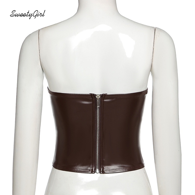 Áo ống bằng da PU màu trơn hở vai có khóa kéo quyến rũ dành cho nữ