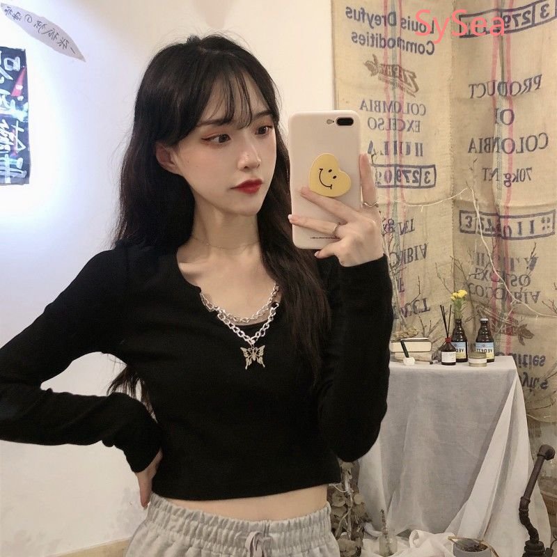 Áo Thun Màu Sắc Đơn Giản Phối Dây Xích Thời Trang Cho Nữ