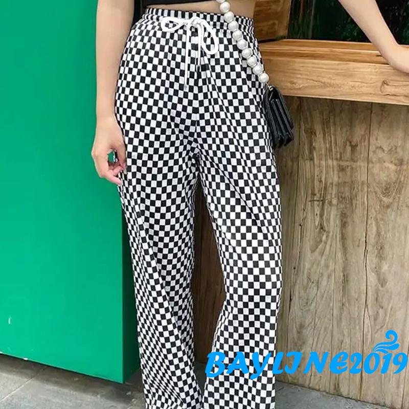 Quần dài ống suông lưng thun dây rút họa tiết kẻ sọc có thể điều chỉnh dành cho nữ