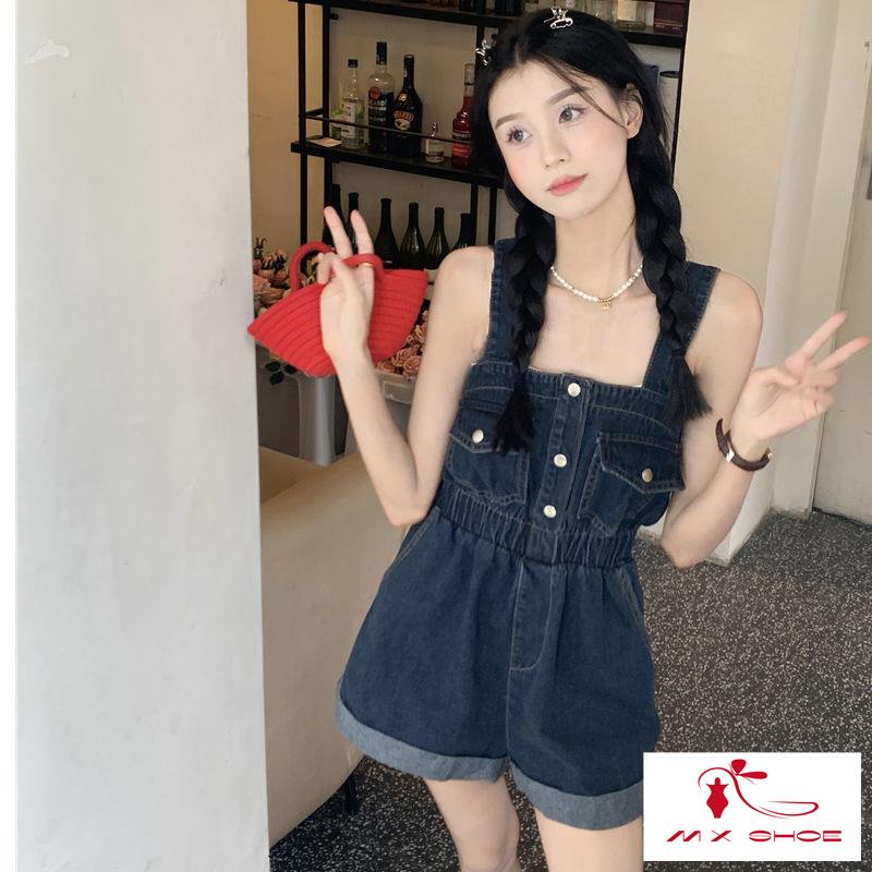 M & X  Quần Yếm Denim Ngắn Phong Cách Retro Mùa Hè 2022 Dáng Ôm Eo Hẹp Uốn Xoăn Cho Nữ