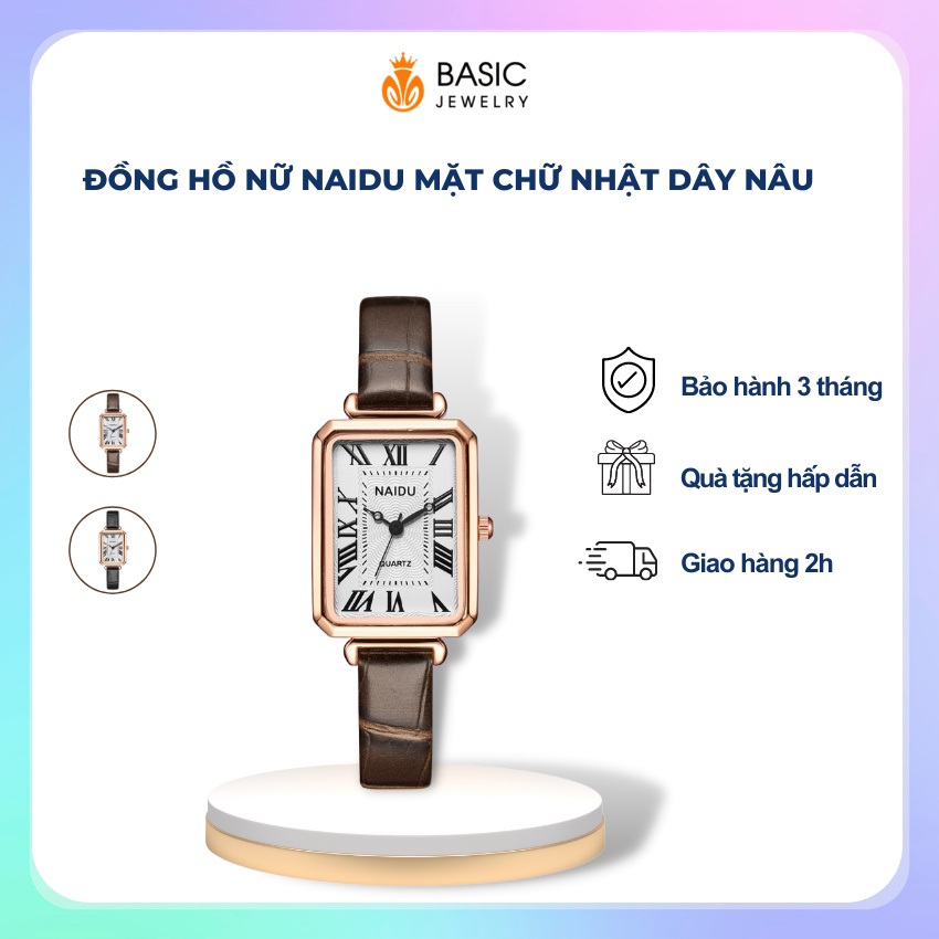 Đồng hồ thời trang nữ dây da NAIDU mặt chữ nhật cao cấp chính hãng chống nước nhẹ giá rẻ Basic Jewelry DH13
