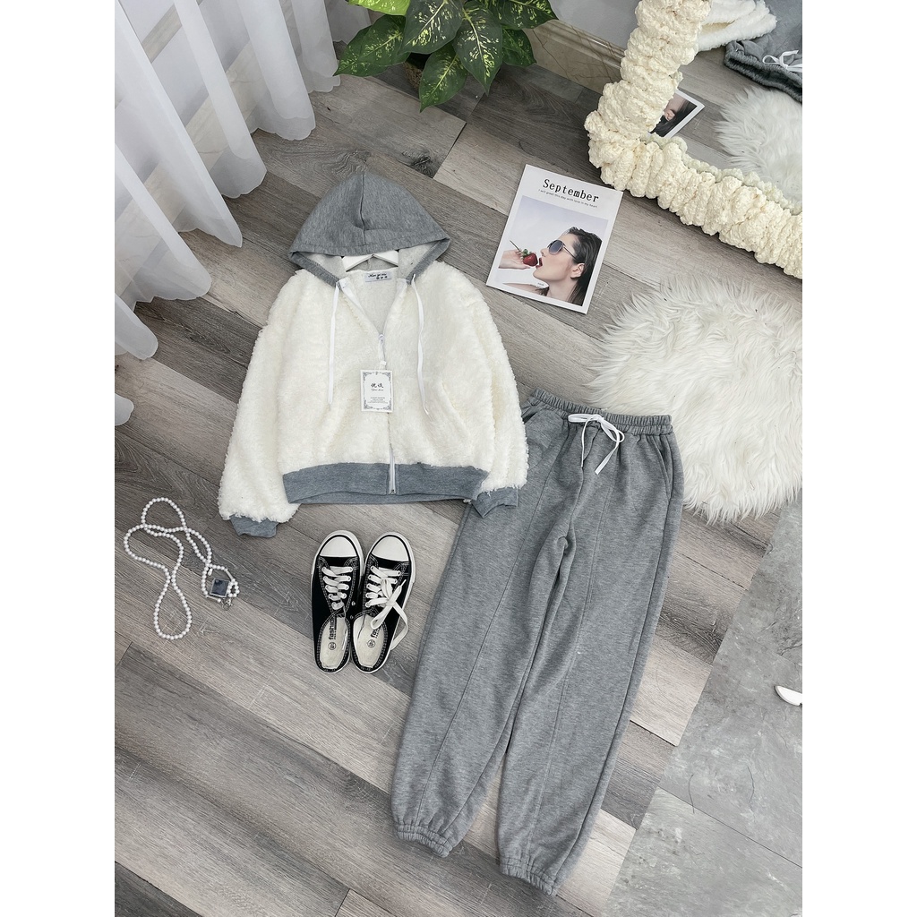 Set áo lông mũ mix quần boom thụng