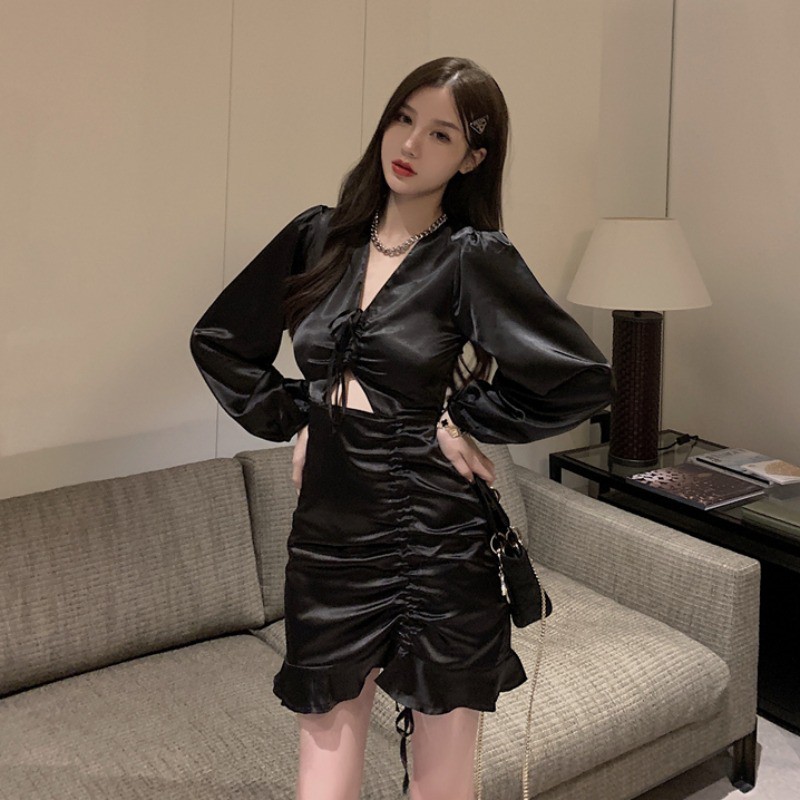 (R1114) đầm ulzzang dài tay dây rút đuôi bèo dự tiệc lụa satin 1 size  (kèm ảnh khách)