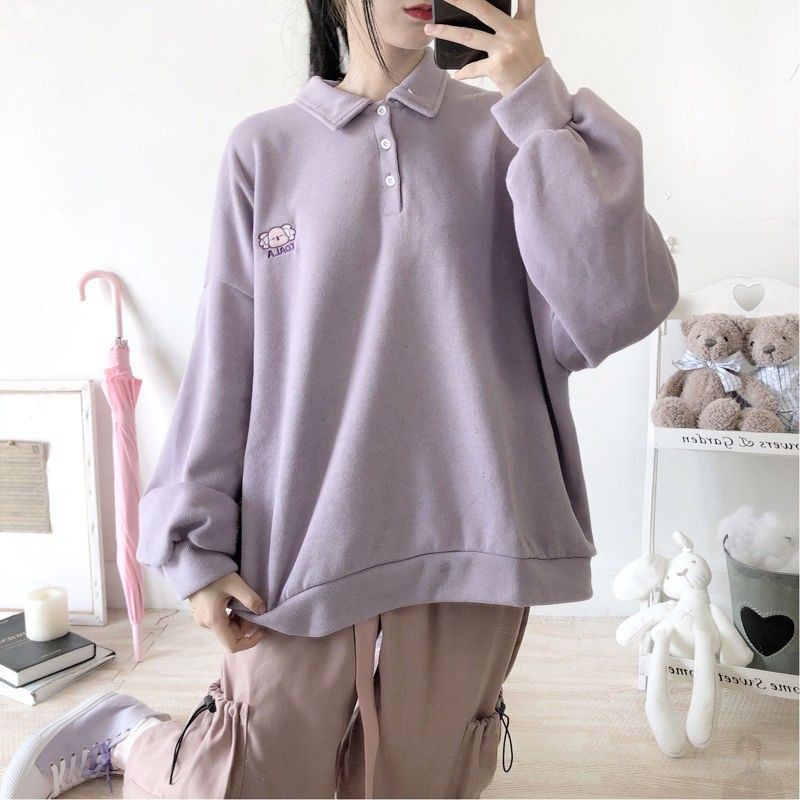 [ORDER] Áo thun nữ tay dài cổ áo polo logo hình thêu gấu ulzzang ( 2 màu )