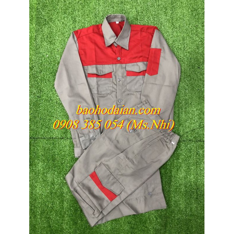 Quần áo bảo hộ lao động màu ghi đất phối đỏ vải kaki thấm hút mồ hôi M12- Hình thật