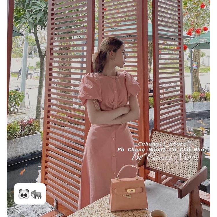 Váy hồng rúm eo