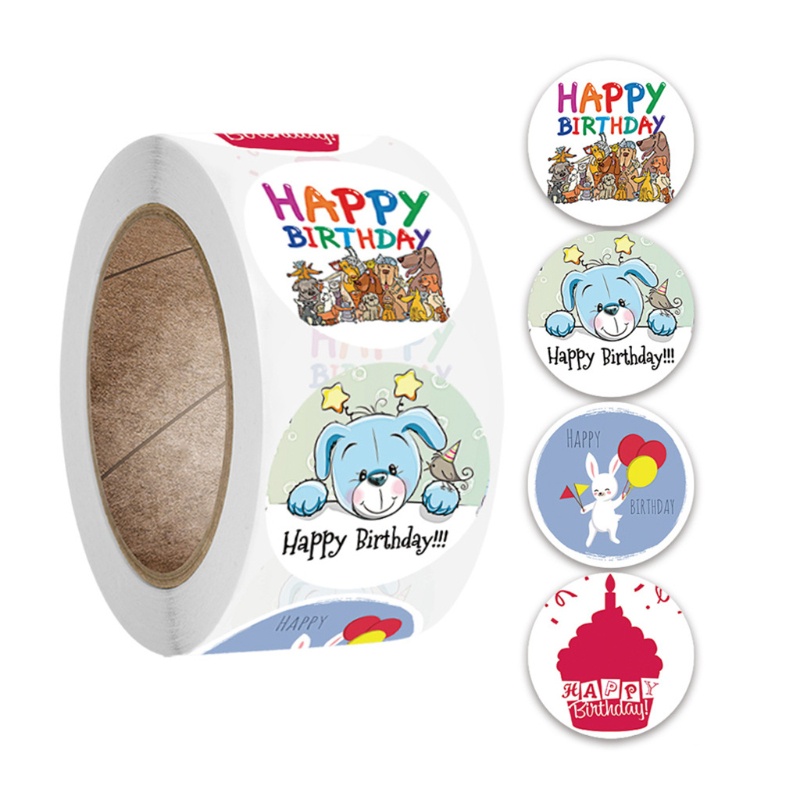Cuộn 500 Nhãn Dán Hình Tròn In Chữ Happy Birthday Hoạt Hình Trang Trí Sổ Lưu Niệm Cho Bé