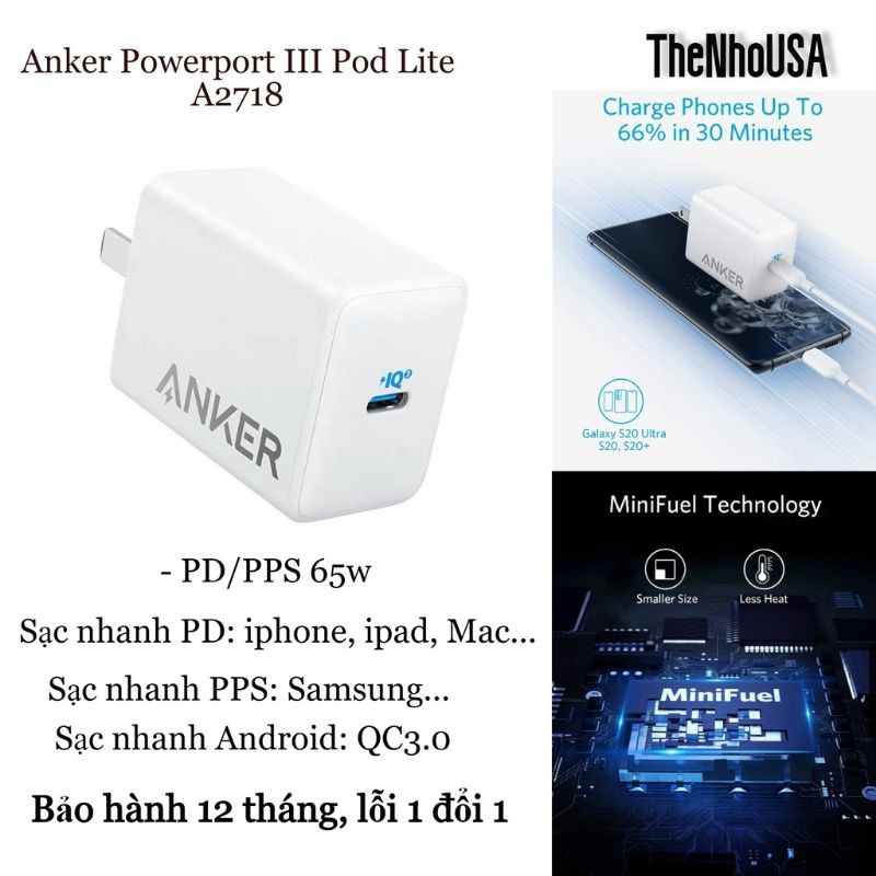 Củ sạc Anker PowerPort III 65W Pod Lite - A2718 - PD/PPS 65w [BH 12T - Nguyên seal]