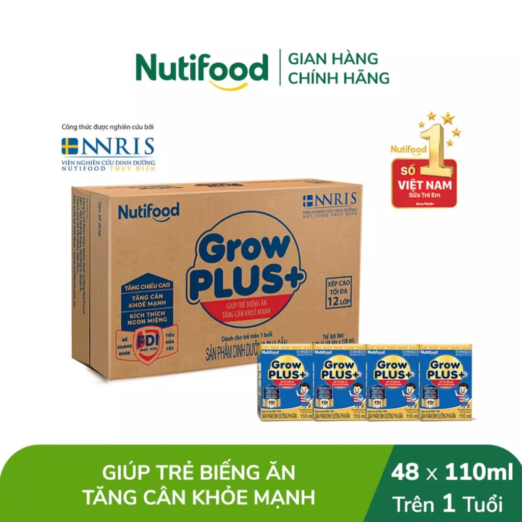 [HSD T11-2022] [Kèm Tem Trúng Thưởng] Thùng 48 Hộp SBPS NutiFood Grow Plus+ TCKM 110ml (xanh)