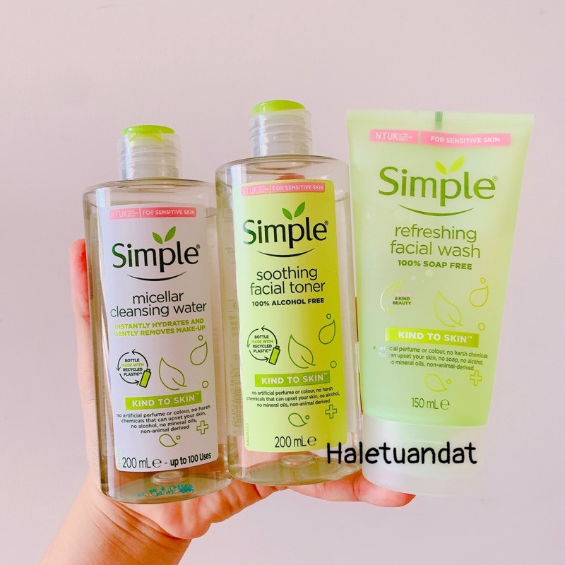 Combo simple nước tẩy trang simple 200ml + sữa rửa mặt dành cho da nhạy cảm 150ml + nước hoa hồng simple 200ml