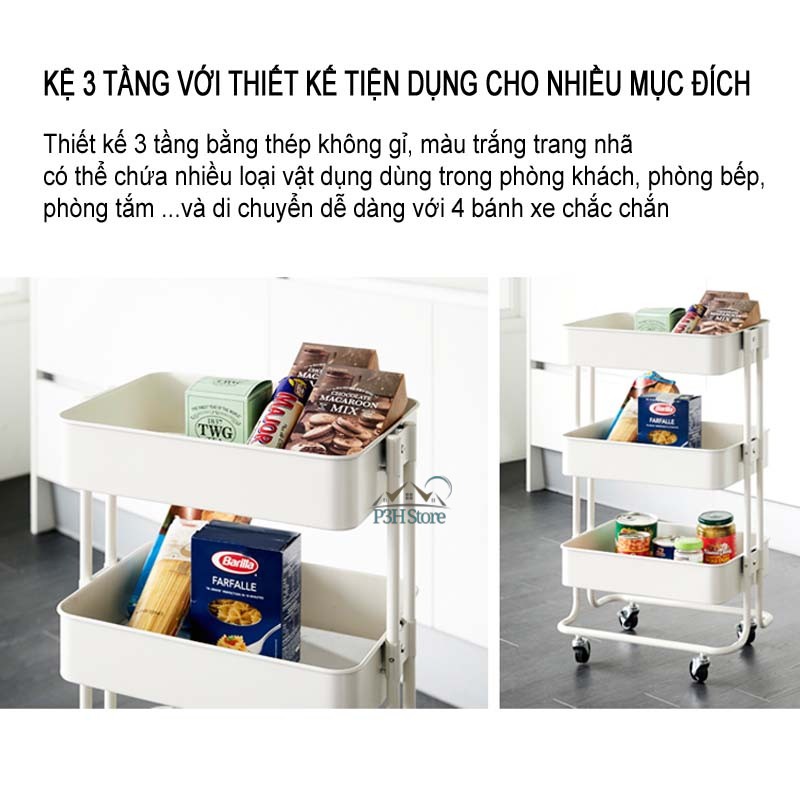 Kệ đẩy 3 tầng đa năng Lock&amp;Lock bằng thép không gỉ có bánh xe INP737