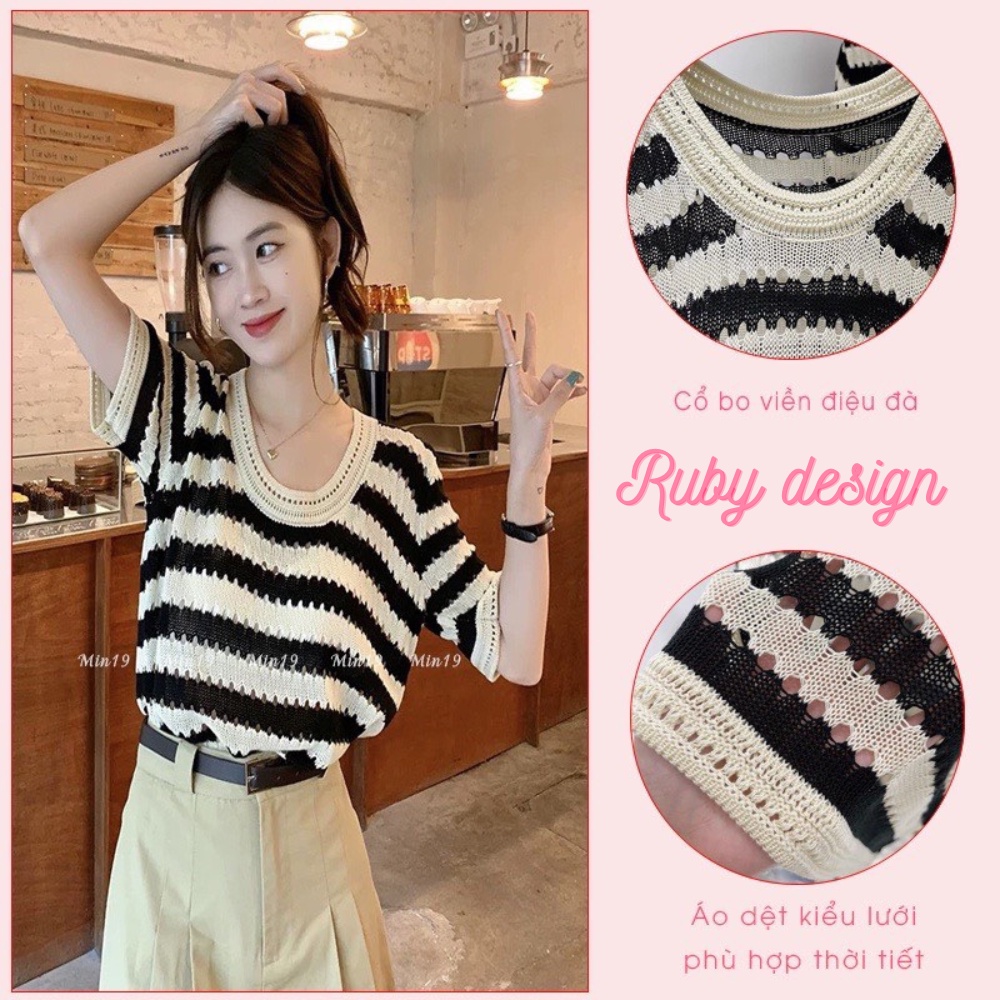 Áo len nữ áo len mỏng mongtoghi ngắn tay kẻ cổ tròn kiểu Hàn quốc form rộng bigsize màu đen xanh cam Ruby design