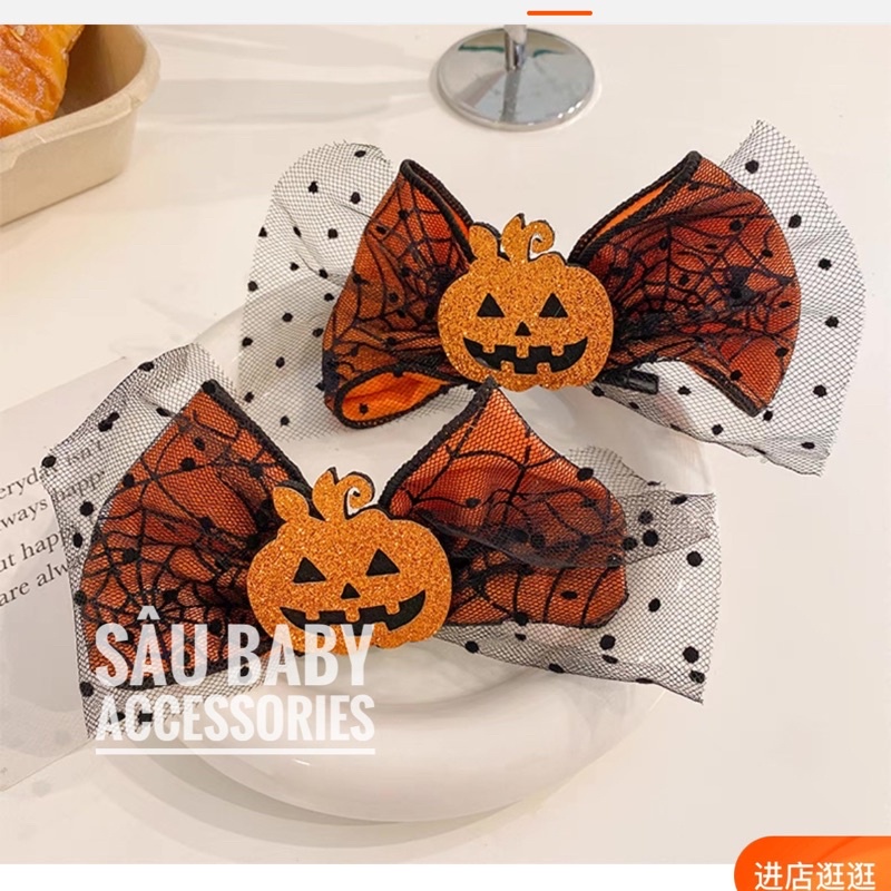 Kẹp tóc bí ngô nơ ren, sừng Halloween cho bé