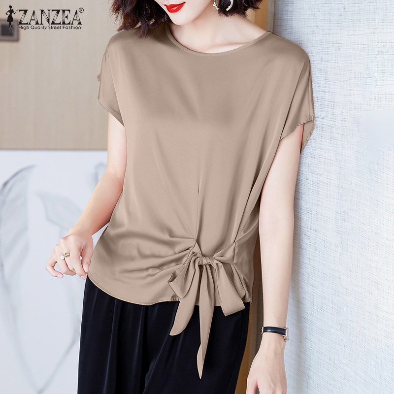 Áo kiểu ZANZEA vải satin tay ngắn cổ tròn ôm eo thời trang cho nữ