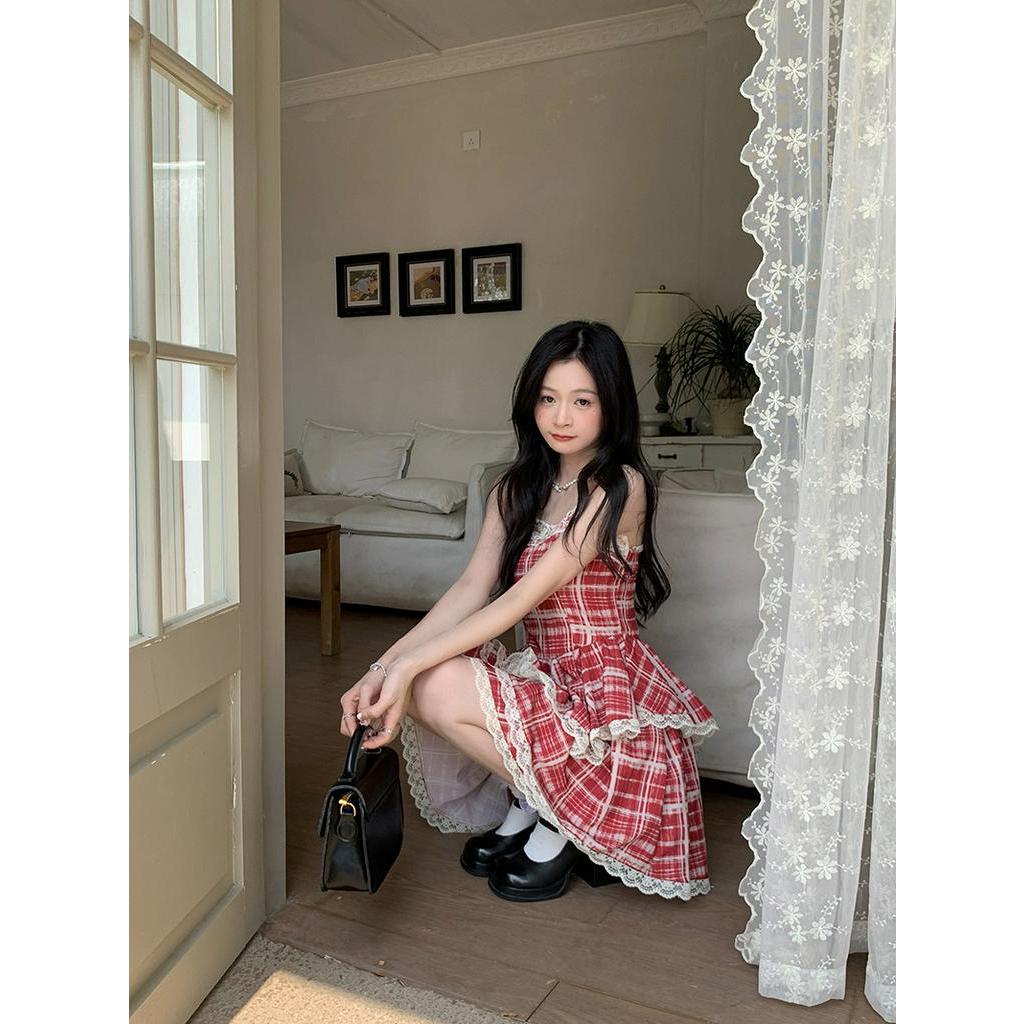 Đầm Hai Dây Phối Ren Họa Tiết Sọc Caro Ngọt Ngào Thời Trang Mùa Hè Cho Nữ