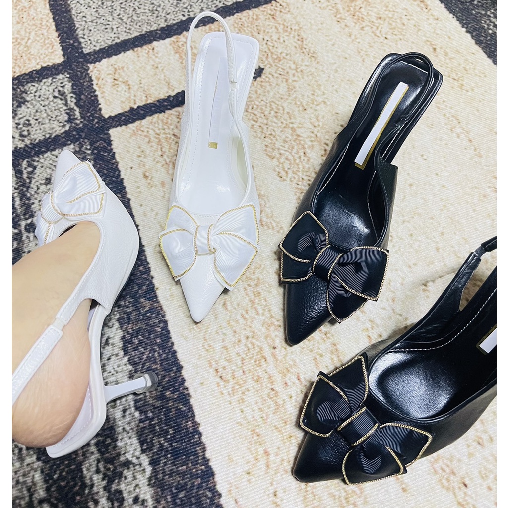 Sandal bít mũi da mịn nơ vải viền xích nhỏ gót đũa - 7P