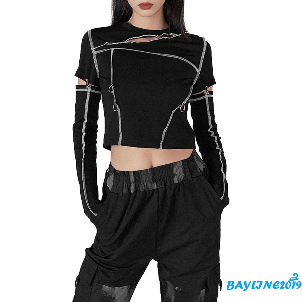 Áo croptop dài tay phối đường chỉ khác màu phong cách cá tính thời trang cho nữ