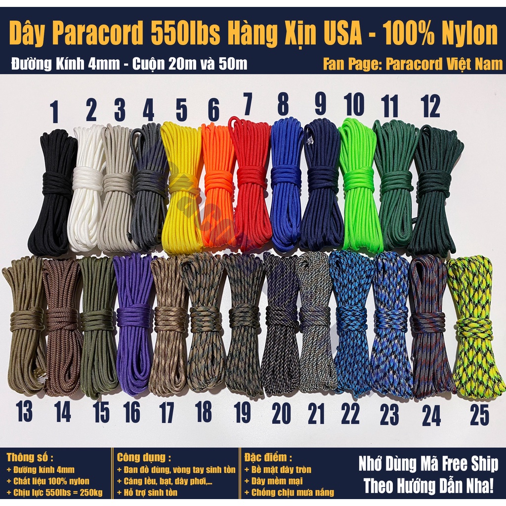 [Cuộn 20m-50m] Dây dù Paracord 550lbs Hàng Xịn USA 100% Nylon