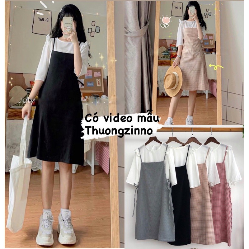 [Ảnh thật/Video] Set yếm kèm áo lụa thắt nơ eo kiểu dáng Hàn Quốc