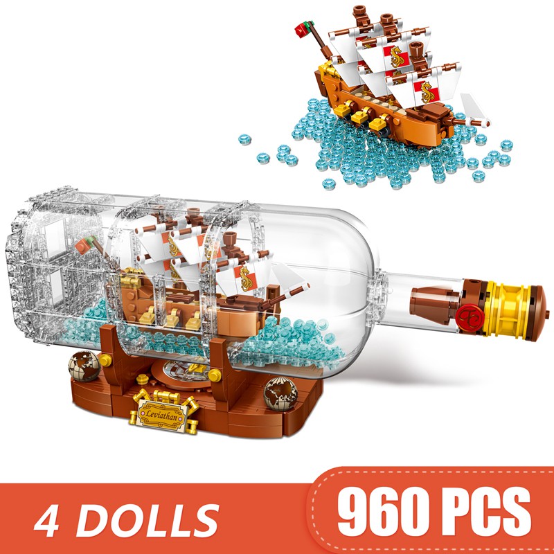 960 CÁI Khối Xây Dựng Nhỏ Tương Thích Ý Tưởng Lego Tàu Trong Chai Cướp Biển Thuyền Buồm 21313 Quà tặng cho bé trai bé gái mô hình Đồ chơi