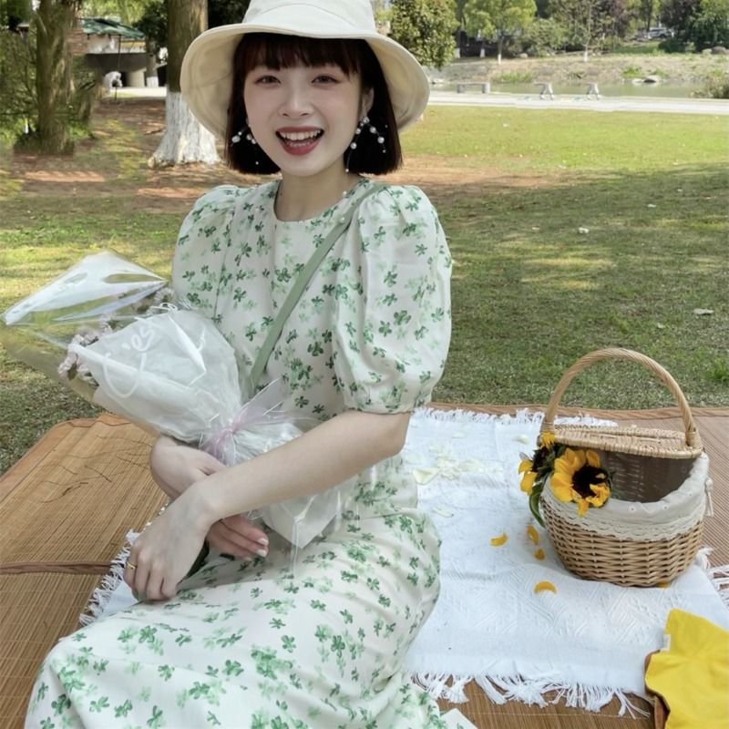 Đầm dài qua gối tay phồng nhấn eo màu xanh bạc hà thời trang mùa hè dành cho nữ