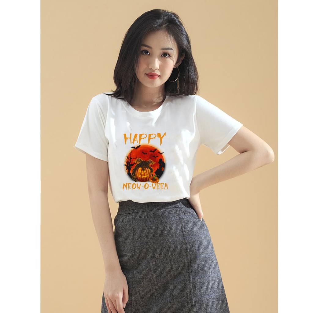 ÁO THUN UNISEX HALLOWEEN Happy Meow TAY NGẮN TAY LỠ NAM VÀ NỮ AOMI IN HÌNH SIÊU HOT AOMIVN