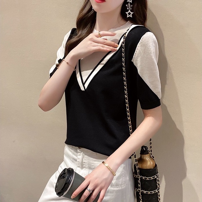 Áo dệt kim ZHELIHANGFEI ngắn tay phối màu thiết kế thời trang mùa hè cho nữ