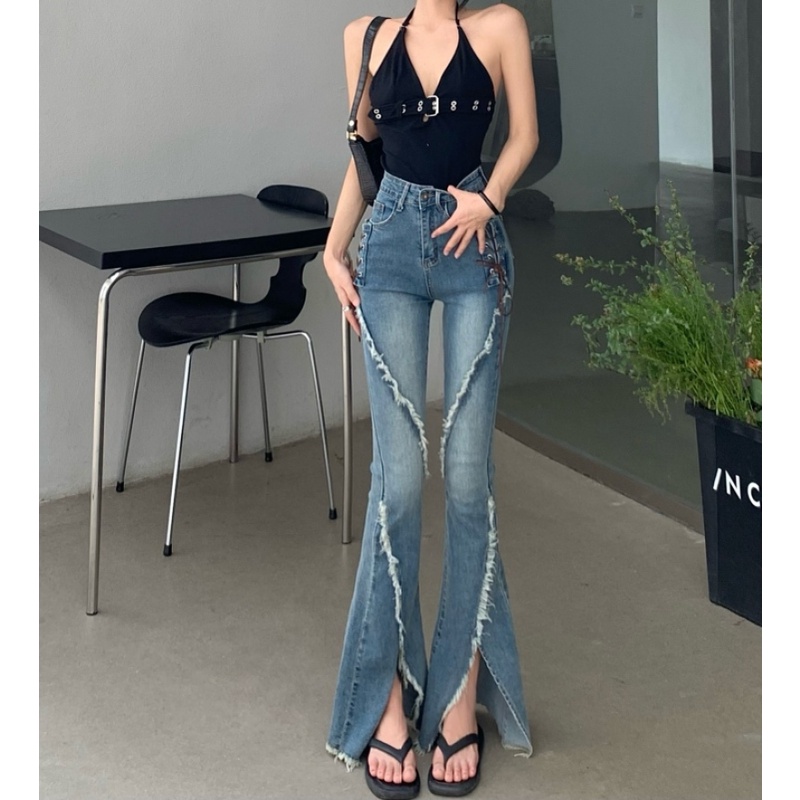 Quần Jeans Nữ Lưng Cao Xẻ Tà Thời Trang