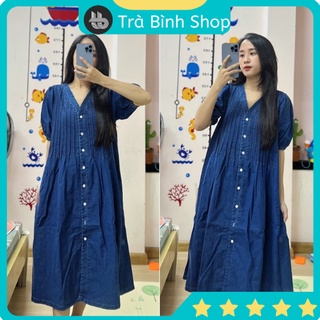 Váy jeans cố V xếp li dọc dáng xòe tay bồng, đầm form rộng dáng dài, VÁY BÒ CỔ CHỮ V XẾP LY NGANG VBXL219 Trabinhshop