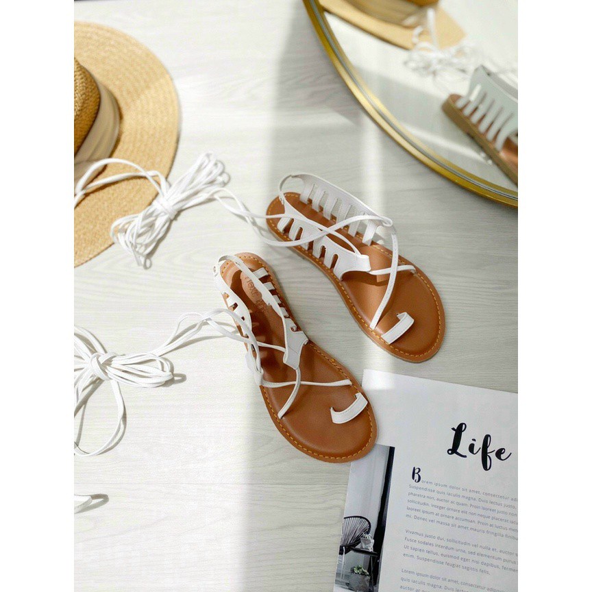 Sandal Chiến Binh Nữ  Xỏ Ngón Dây Cột Đan Chéo Quấn Cao Cỗ Chân Dây Dài Đi Chơi Đi Biển Đế Bằng