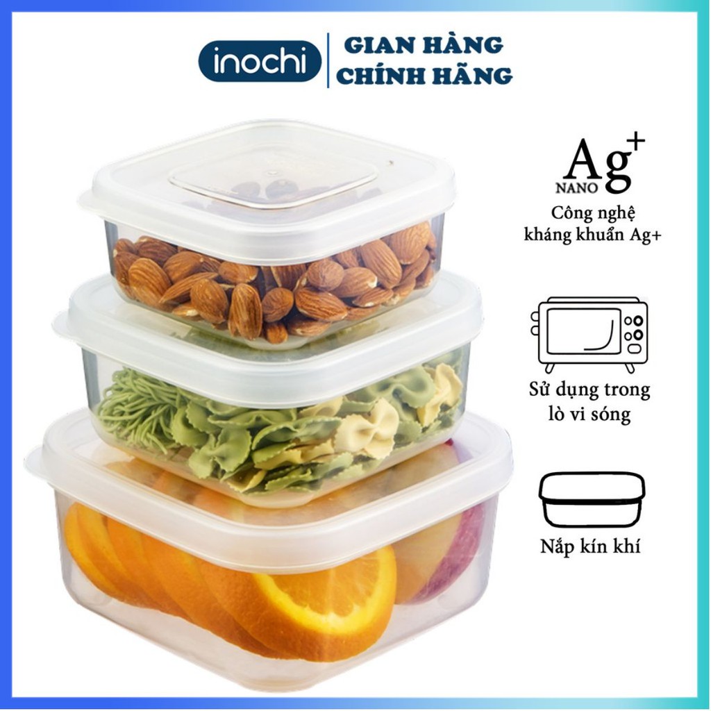 [CÓ QUÀ TẶNG] Bộ 3 Hộp Nhựa Đựng Thực Phẩm -Thức Ăn Hokkaido vuông INOCHII Nhựa Cao Cấp Trong Suốt Chịu Nhiệt Cao