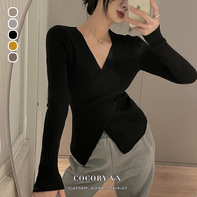 Cocory vn Áo Croptop Dệt Kim Tay Dài Cổ Chữ V Chéo Màu Sắc Thời Trang Cho Nữ