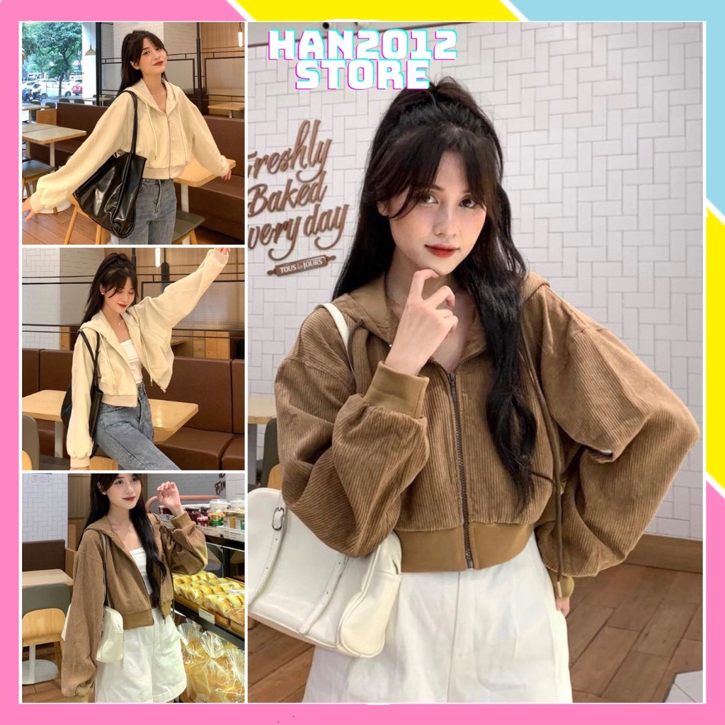 Áo khoác nữ croptop hoodie zip basic chất nhung tăm cao cấp dáng ngắn form rộng dài tay khóa kéo có mũ ulzzang hàn quốc