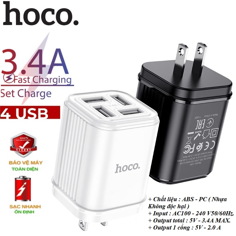 Củ Sạc Nhanh 4 Cổng Thông Minh Hoco CHÍNH HÃNG 3.4A - Chân cách điện tiện dụng