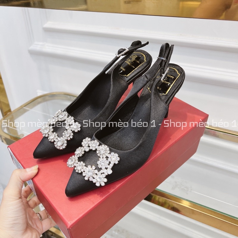Sandal roger lụa phối tag đá gót nhọn fullbox hàng quảng châu cao cấp